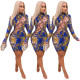 Sexy Printed Hollow Out Round Neck Long Sleeves Mini Skinny Dress YY5245