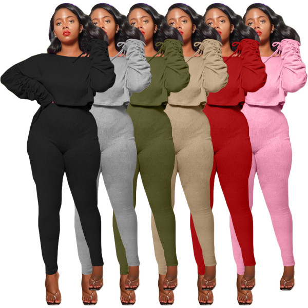 Thread solid color pleated long-sleeved pants suit casual s two-piece suit FSL116