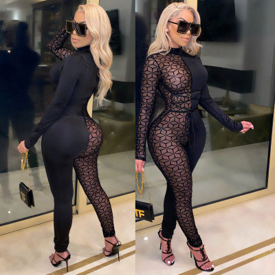 Sexy Perspective Mesh Stitching Round Neck Long Sleeves Skinny Jumpsuit CY1293