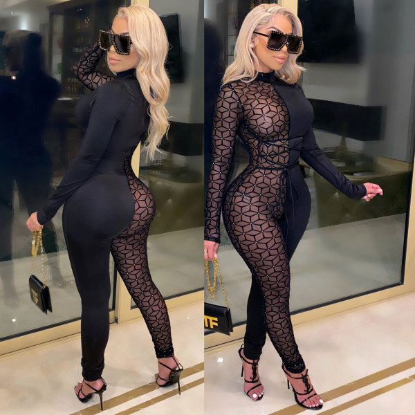 Sexy Perspective Mesh Stitching Round Neck Long Sleeves Skinny Jumpsuit CY1293