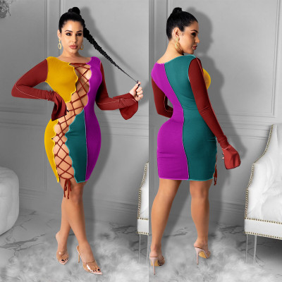 Sexy Contrast Stitching Hollow Out Flared Long Sleeves Mini Skinny Dress CY1294