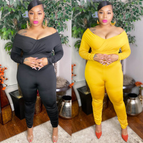 Sexy cross v-neck one-shoulder pleated sleeves pants jumpsuit nightclub clothes K2058