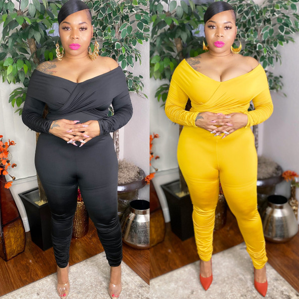 Sexy cross v-neck one-shoulder pleated sleeves pants jumpsuit nightclub clothes K2058