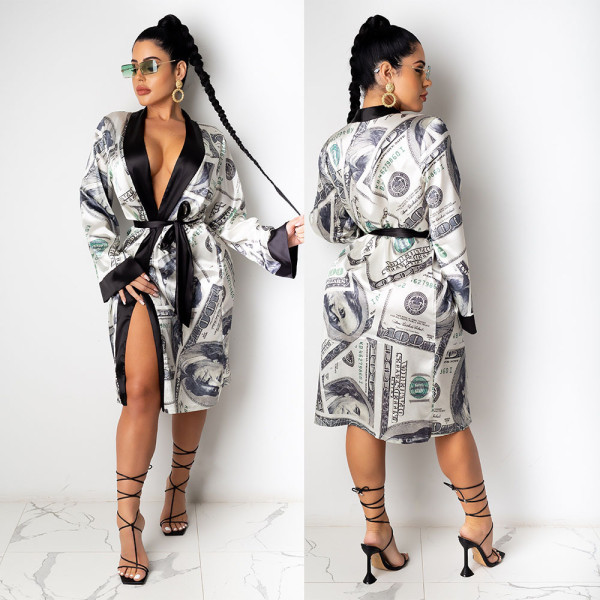 Sexy Printed Long Sleeves Lace-Up Cardigan Midi Jacket KA7139