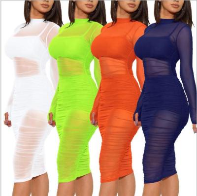 Sexy Mesh Perspective Round Neck Long Sleeves Midi Skinny Dress WMZ2482-2