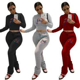 Casual Letter Embroidery Round Neck Long Sleeves Mini Top With Drawstring Trousers Two Piece Sets SD