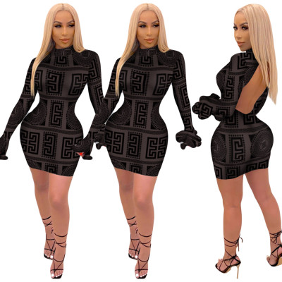 Womens printed halter sexy dress with flared sleeves nightclub style mini skirt YY5252