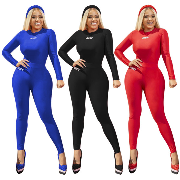 Sports Letter Prnited Round Neck Long Sleeves Bodysuit With Trousers Two Piece Sets YSF3143