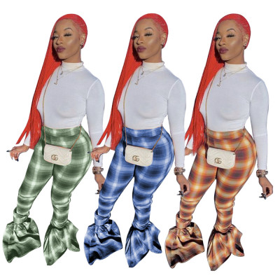 Fashion Plaid Printed Flared Long Pants BD8038