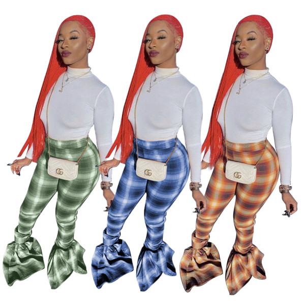 Fashion Plaid Printed Flared Long Pants BD8038