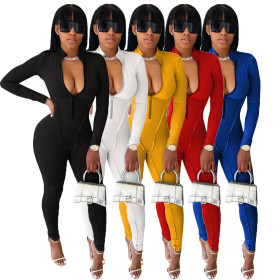 Sexy Solid Color Zipper V-Neck Long Sleeves Bodycon Jumpsuit AL138