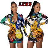 Fashion Pattern Printed Zipper V-Neck Long Sleeves Mini Skinny Dress YY5249