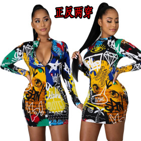 Fashion Pattern Printed Zipper V-Neck Long Sleeves Mini Skinny Dress YY5249
