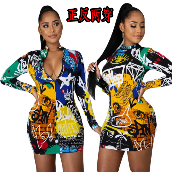 Fashion Pattern Printed Zipper V-Neck Long Sleeves Mini Skinny Dress YY5249