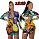 Fashion Pattern Printed Zipper V-Neck Long Sleeves Mini Skinny Dress YY5249