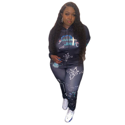 Plus Size Printed Long Sleeves Sweater With Trousers Two Pieces Sets ONY5069