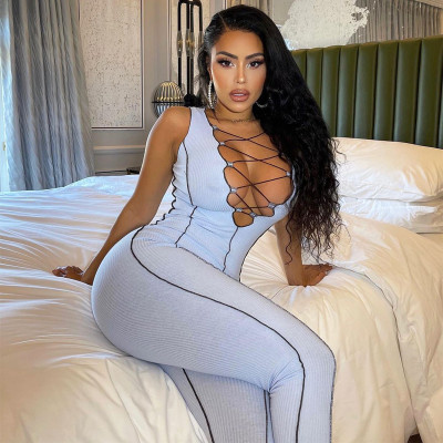 V-neck tether solid color sleeveless slim-fit sports jumpsuit P144841W