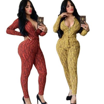 Fashion Pattern Printed Zipper V-Neck Long Sleeves Drawstring Jumpsuit TK6028