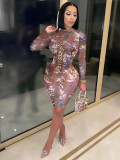 Fashion Printed Strappy Round Neck Long Sleeves Mini Skinny Dress YFS3610