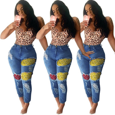 Fashion Stitching High Waist Hole Denim Trousers WWY8423