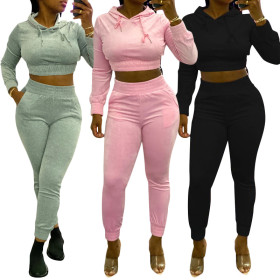 Casual Solid Color Long Sleeves Hooded Cropped Sweater With Trousers Two Piece Sets YL8042