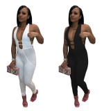 Sexy Solid Color Hollow Out Deep Neck Sleeveless Skinny Jumpsuit  C3047
