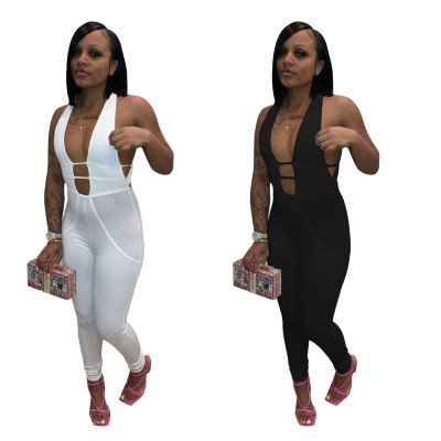 Sexy Solid Color Hollow Out Deep Neck Sleeveless Skinny Jumpsuit  C3047