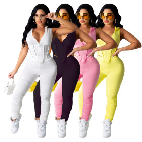 Womens solid color hooded hollow sexy pleated two-piece suit CN0094