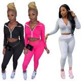 Sports Zipper Long Sleeves Cropped Cardigan With Trousers Yoga Two Piece Sets XYI9065
