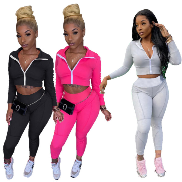 Sports Zipper Long Sleeves Cropped Cardigan With Trousers Yoga Two Piece Sets XYI9065