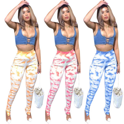 Fashion Tie Dye Printed High Waist Skinny Long Pants Q1057