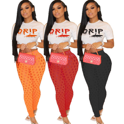 Women Fashion Print Sexy Hollow Perspective Slim Two-piece Set WJ5205