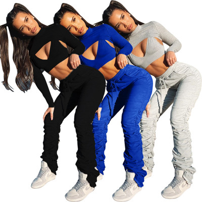 Sexy Solid Color Round Neck Long Sleeves Mini Top With Pleated Trousers Two Piece Sets YL8047