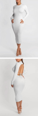 Sexy Solid Color Round Neck Long Sleeves Backless Midi Skinny Dress ZC3868