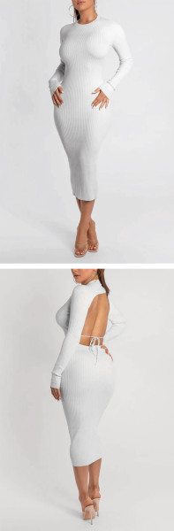 Sexy Solid Color Round Neck Long Sleeves Backless Midi Skinny Dress ZC3868