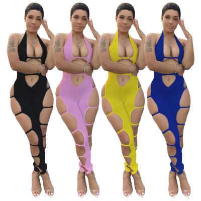 Sexy strappy hollow solid color jumpsuit BNY7172