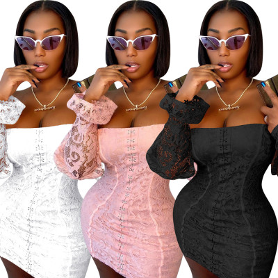 Sexy Solid Color Off Shoulder Long Sleeves Mini Skinny Lace Dress Q1050