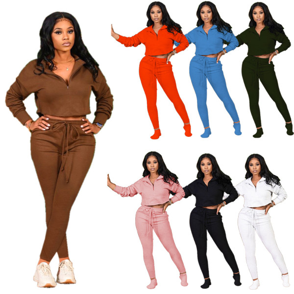 Casual Solid Color Zipper Long Sleeves Mini Top With Drawstring Trousers Two Piece Sets MEY163