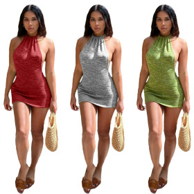 SuWomener sexy bright silk open back hollow round neck tie dress Q1101