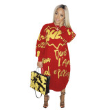 Casual Letter Printed Round Neck Long Sleeves Loose Midi Dress ALS136-2