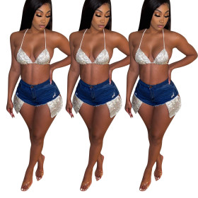 Fashion big pocket sequined denim hot pants ED8375