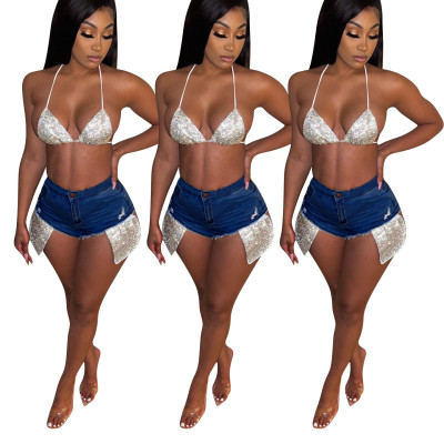 Fashion big pocket sequined denim hot pants ED8375