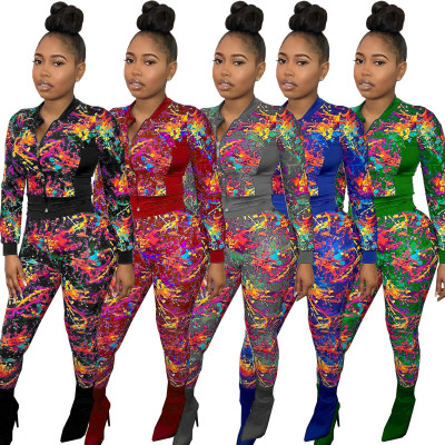 Fashion Tie Dye Zipper Long Sleeves Top With Trousers Two Pieces Sets WY6725