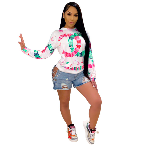 Fashion Pattern Printed Round Neck Long Sleeves Sweater ML7388