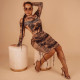 Sexy Printed Pleated Round Neck Long Sleeves Drawstring Mini Dress ZS8365