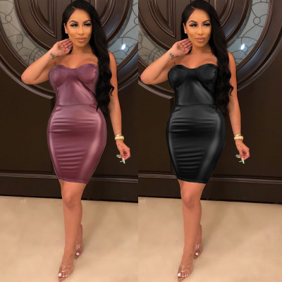 Sexy Leather Wrapped Chest Zipper Mini Skinny Dress F150