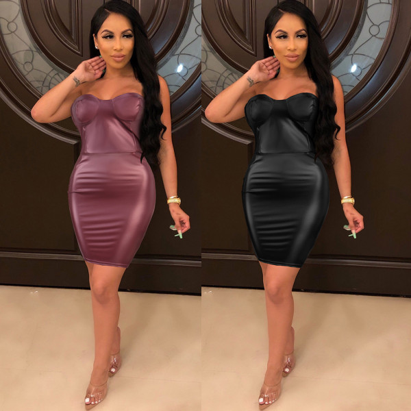Sexy Leather Wrapped Chest Zipper Mini Skinny Dress F150