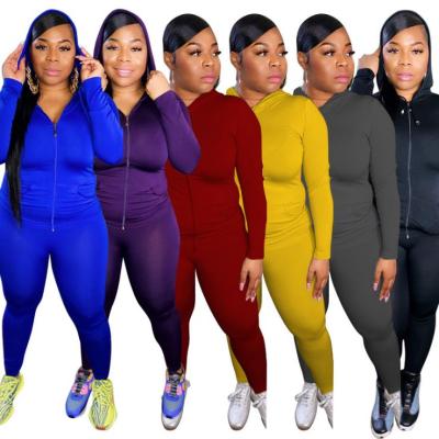 Sports Solid Color Zipper Long Sleeves Hooded Cardigan With Trousers Plus Size Two Piece Sets OSS209