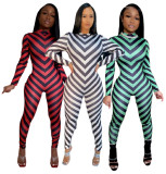 Fashion Striped Round Neck Long Sleeves Zipper Skinny Jumpsuit TJ073