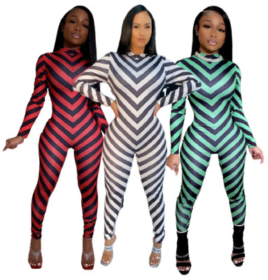 Fashion Striped Round Neck Long Sleeves Zipper Skinny Jumpsuit TJ073
